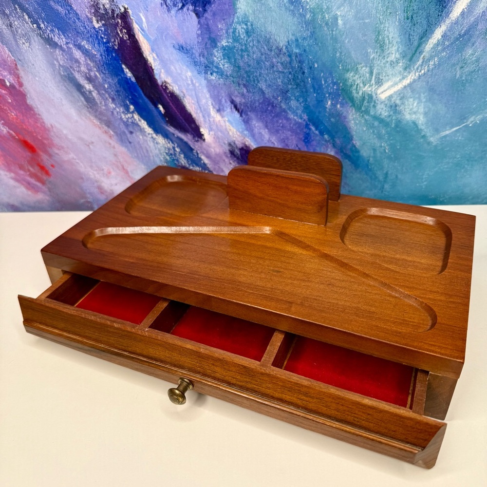 Walnut Wood Dresser Valet Style Jewelry Box Office Organizer w/ Drawer Vintage